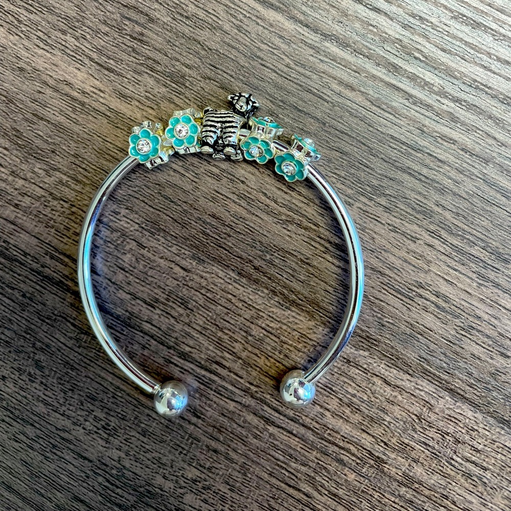 Sterling silver flower and sheep cuff bracelet
